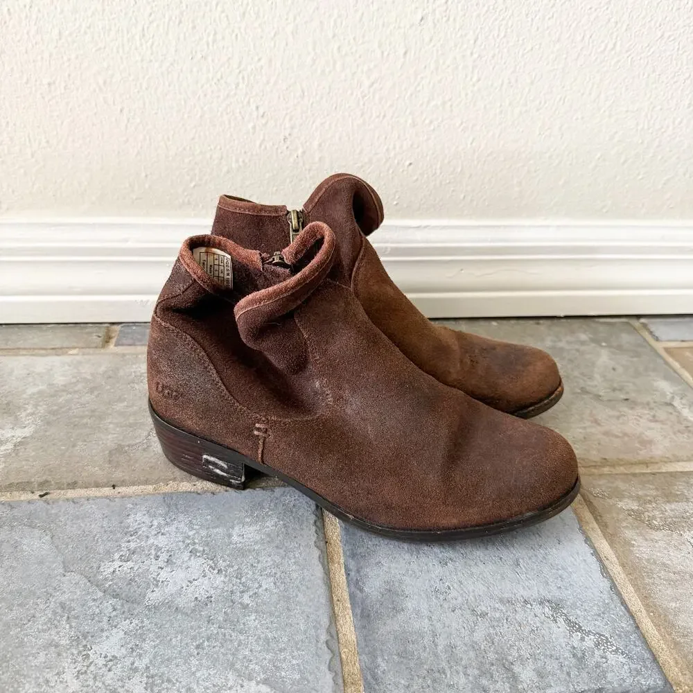UGG Brown Suede Ankle Booties Zip Low Heel Women’s Size 6